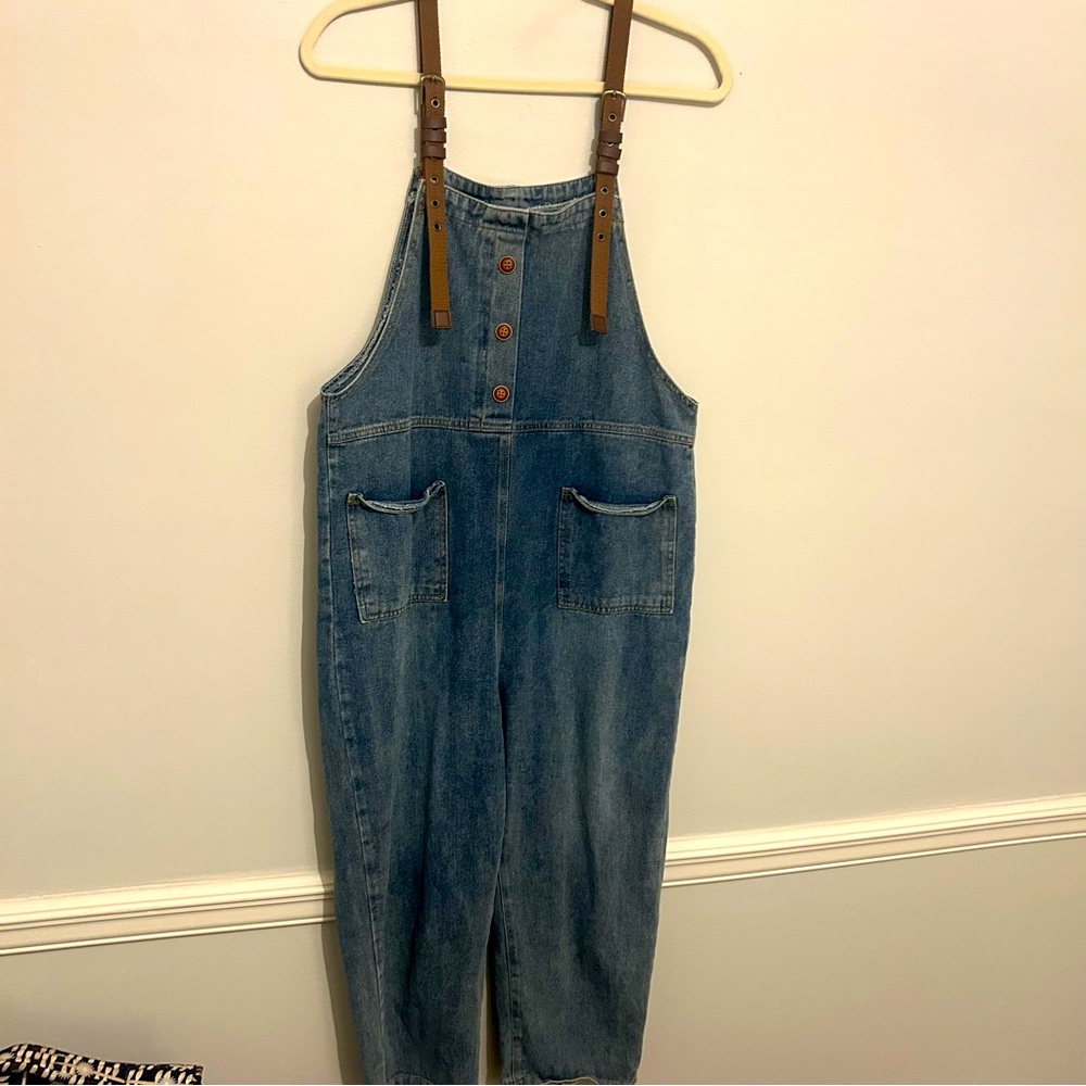 100% Cotton Boho Festival Crop Denim Overalls Sz M Medium